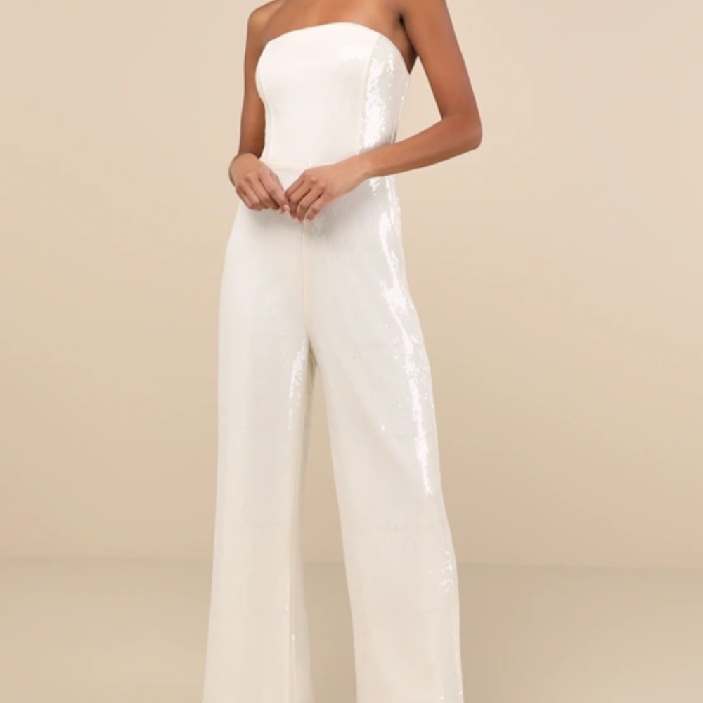 Lulu's Sequin White Strapless Jumpsuit